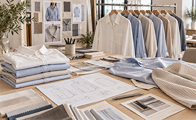 Shirt samples on a rack with folded shirts, fabric swatches and design papers on a table
