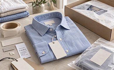 Folded blue shirt with a hangtag, label samples and packaging materials