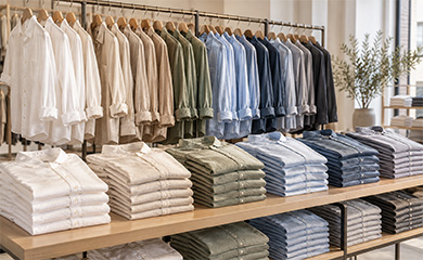 Rows of shirts on a rack above folded shirts arranged by color