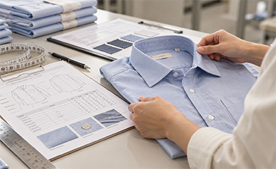 Person comparing a blue button-front shirt with specification sheets and fabric swatches