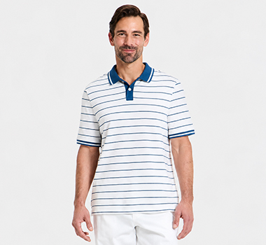 Man wearing a white striped polo shirt with blue collar and sleeve trim.