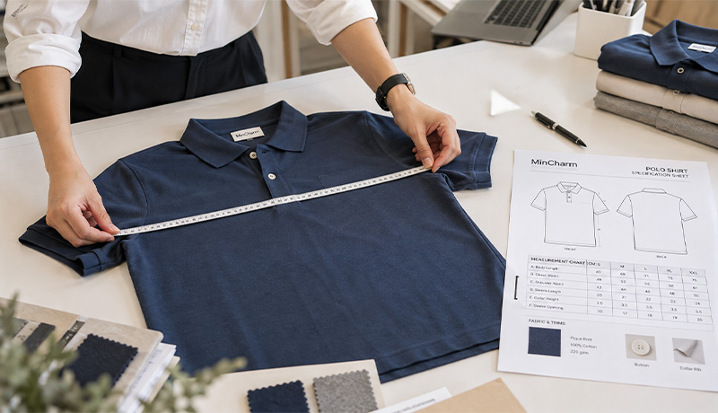 Navy polo shirt being measured beside a garment specification sheet and fabric swatches.