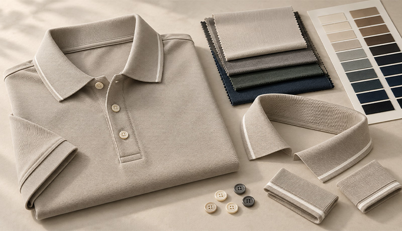 Folded beige polo shirt with fabric swatches, collar samples, cuff trims and buttons.