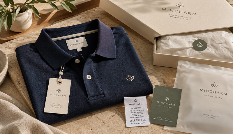 Folded navy polo shirt with MinCharm label, hangtag and branded packaging.