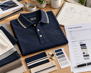 Folded navy polo shirt beside pricing notes and a technical sketch.
