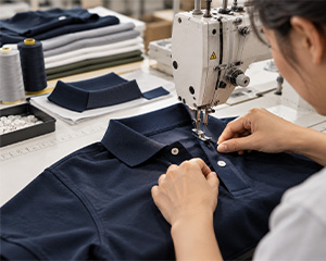 Worker sewing a navy polo shirt at a sewing machine.