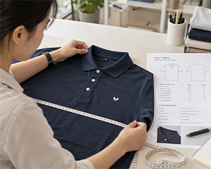 Navy polo shirt sample being measured beside a specification sheet.