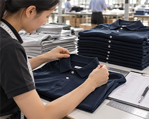 Worker inspecting a navy polo shirt beside folded garments.