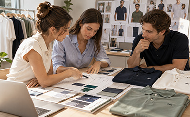 Team reviewing polo shirts, fabric swatches and color cards.