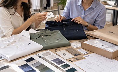 People comparing polo shirt samples, brand labels and packaging.