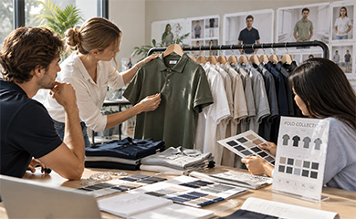 Team reviewing polo shirts on a showroom rack and a color chart.