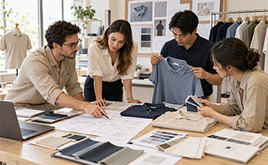 Apparel team reviewing polo shirt samples and design documents.