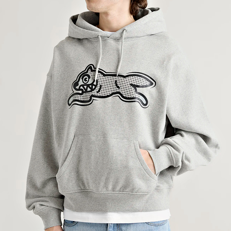 Close-up of the running-dog graphic on the hoodie
