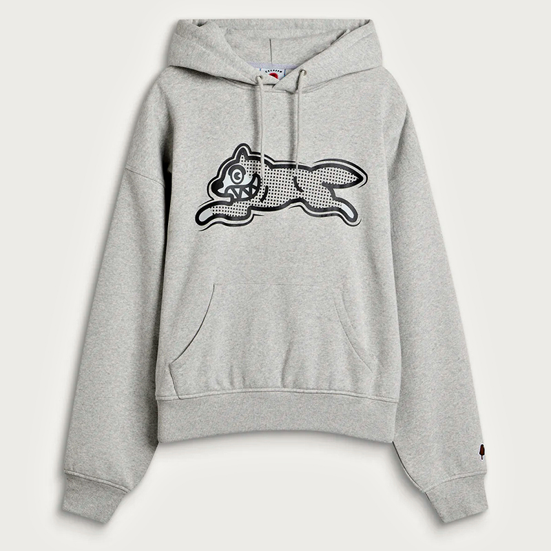 Close-up of ribbed cuff and hem on the dog-graphic hoodie