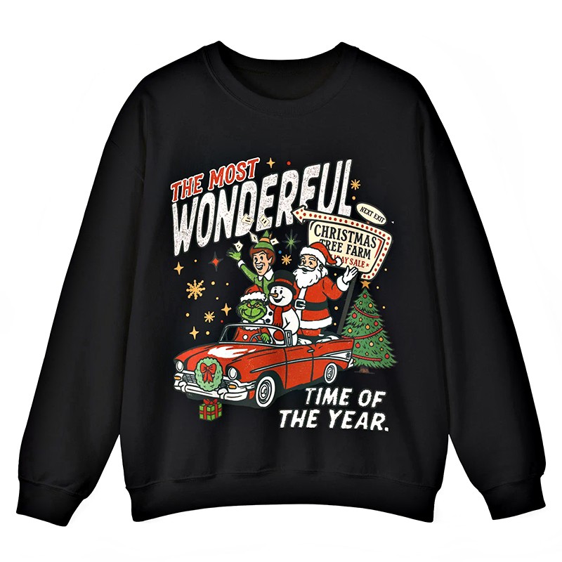 Santa, Elf and Snowman holiday graphic with gifts on the crewneck front