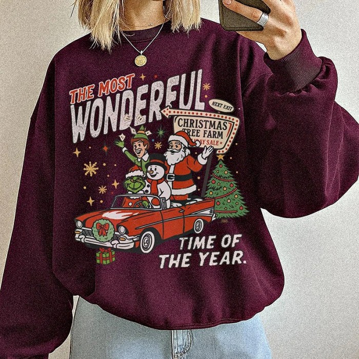 90s Retro Christmas Crewneck Sweatshirt with Santa Elf Snowman Scene Seamless Body Wholesale Christmas Crewneck Supplier