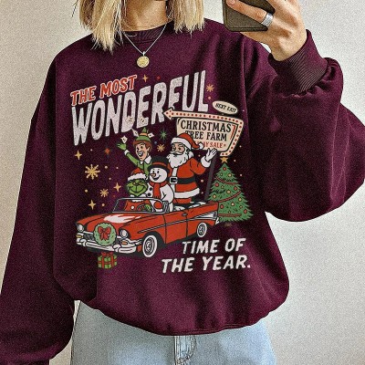 90s Retro Christmas Crewneck Sweatshirt with Santa Elf Snowman Scene Seamless Body Wholesale Christmas Crewneck Supplier