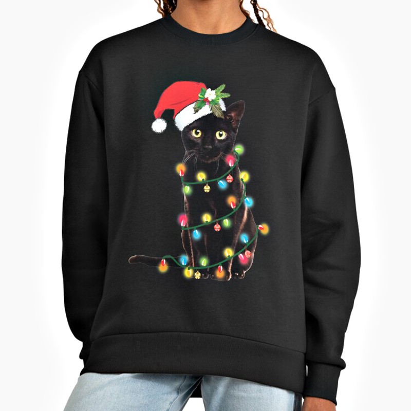 Black cat wrapped in Christmas tree lights on the front of the crewneck sweatshirt