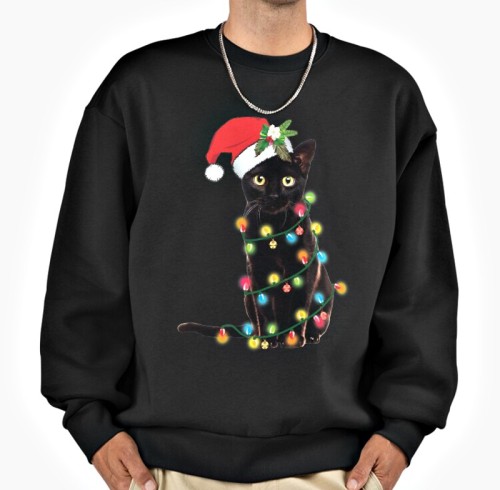 Black Cat Christmas Tree Lights Sweatshirt with Refined Relaxed Fit Custom Holiday Crewneck Manufacturer