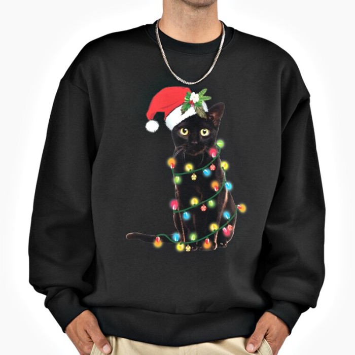 Black Cat Christmas Tree Lights Sweatshirt with Refined Relaxed Fit Custom Holiday Crewneck Manufacturer