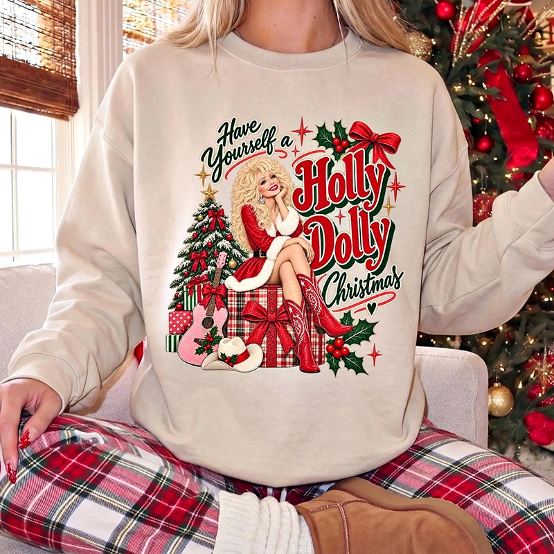 Close-up of the Holly Dolly Christmas DTF film print on the front of the crewneck