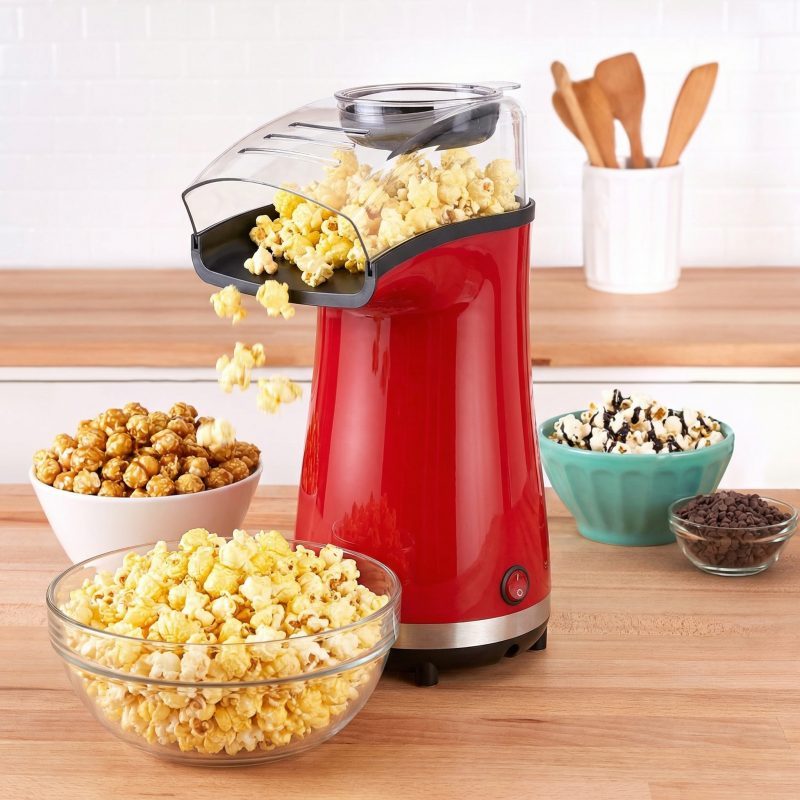 Red hot air popcorn maker in use