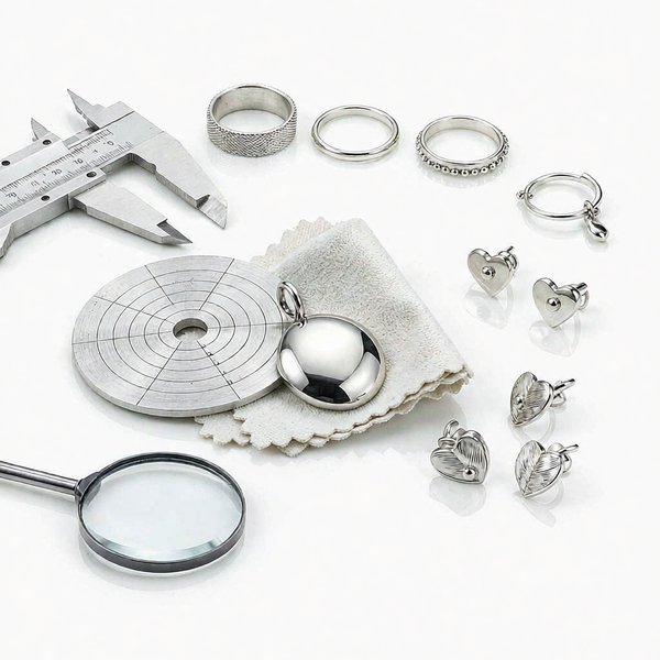 Silver jewelry quality check with caliper magnifier and polishing cloth