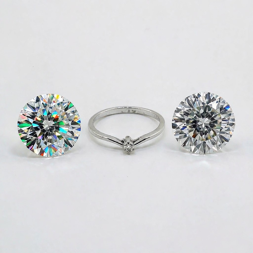 Moissanite and cubic zirconia loose stones compared side by side with a 925 silver solitaire ring