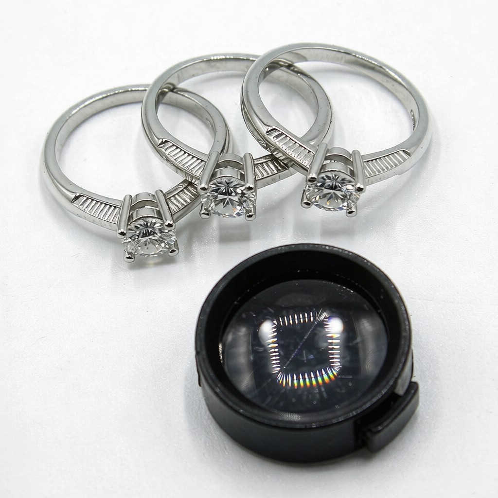 Flat lay of 925 silver rings set with clear round CZ stones with a jewelry loupe