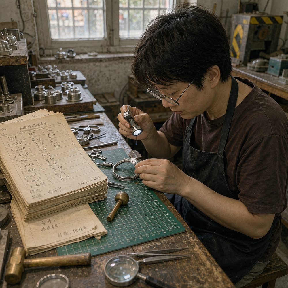 QC inspector checking 925 stamp against batch record