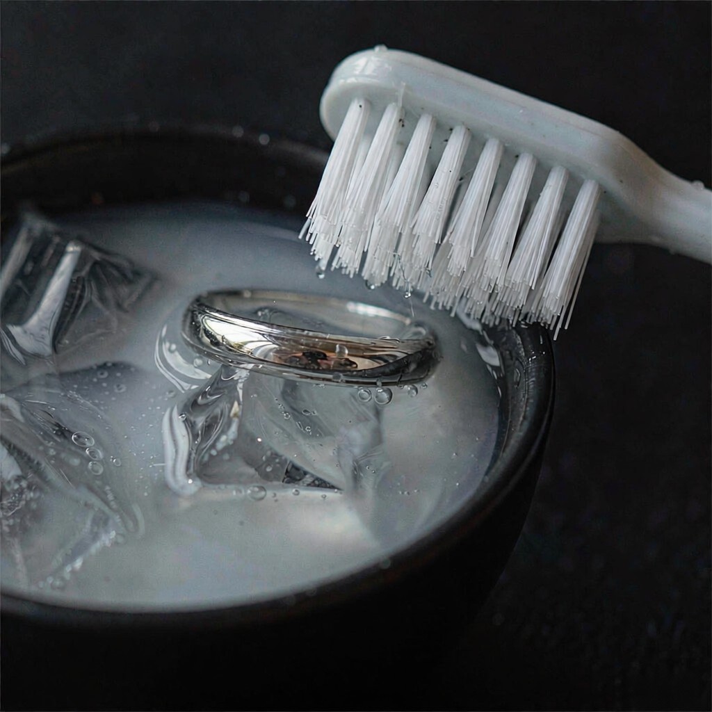 A 925 silver ring being cleaned gently with a soft brush in warm soapy water on a dark surface
