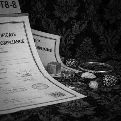 Compliance certificate documents beside 925 silver jewelry