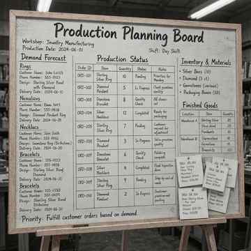 Factory production planning board showing demand forecast, order status and inventory for silver jewelry