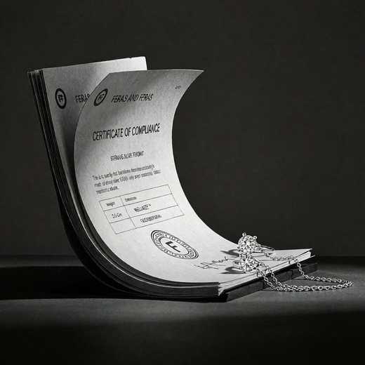 Certificate of compliance document with a 925 sterling silver chain for SGS, REACH and RoHS verification