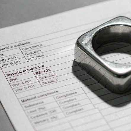 Square-profile 925 sterling silver ring placed on a material compliance checklist