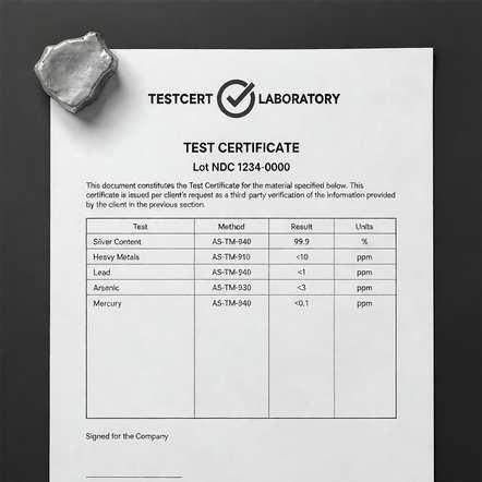 Laboratory test certificate showing silver content and heavy-metal results for 925 sterling silver