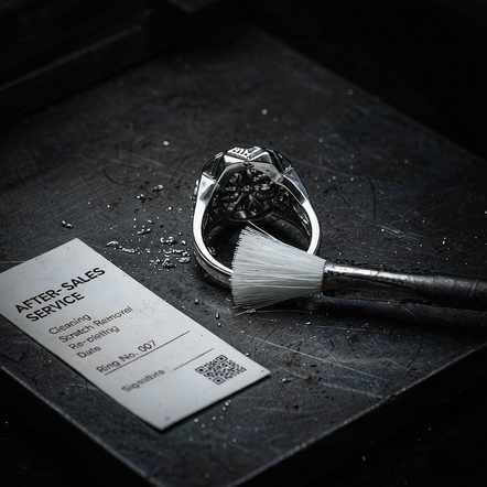 Sterling silver ring ready for after-sales cleaning service next to a service card