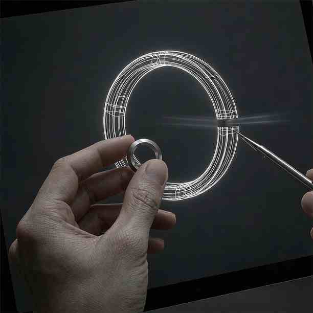 Engineer holding a finished silver ring against a projected 3D design wireframe