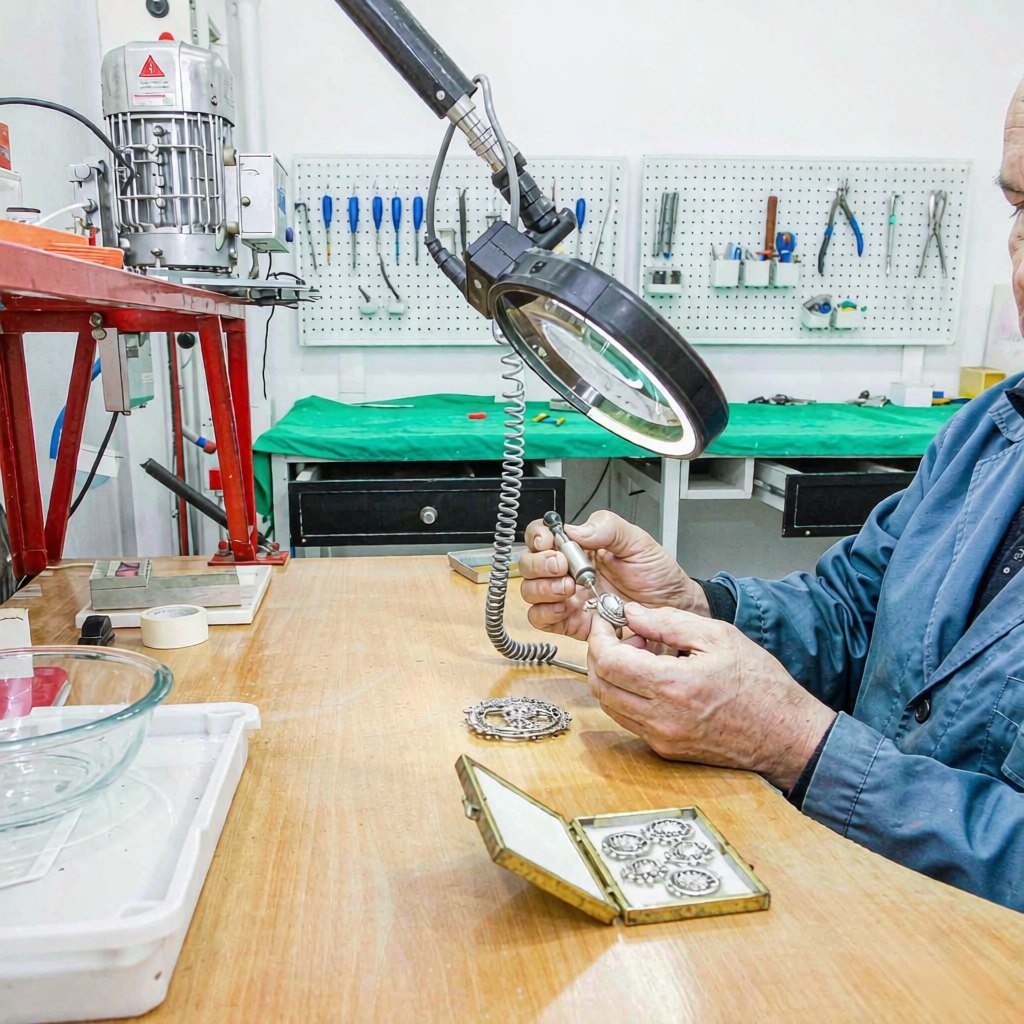 Craftsman inspecting 925 silver pieces under magnifier in workshop