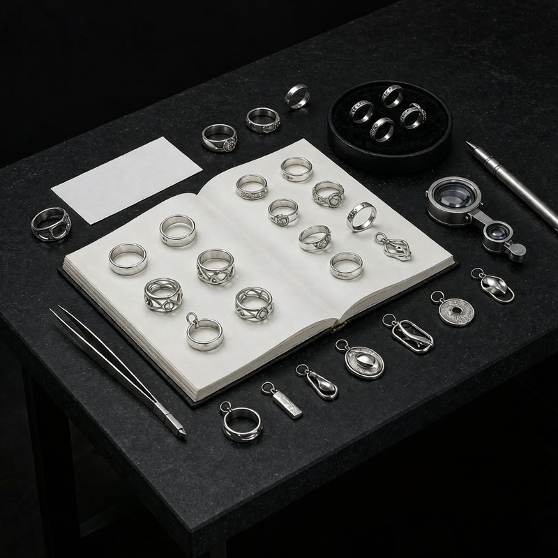 Jewelry buyer reviewing a 925 silver manufacturer's samples on a workbench