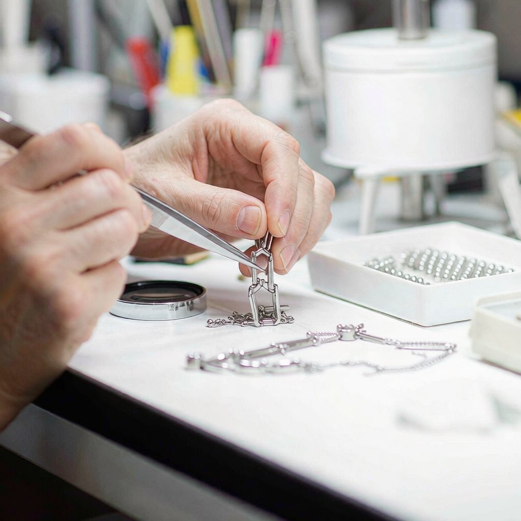 QC inspector checking 925 silver pieces under a loupe on a bright factory bench