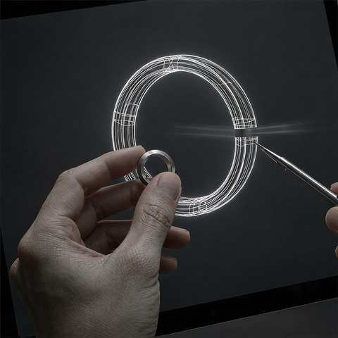 Hand holding a finished silver ring next to a projected 3D wireframe used in custom design
