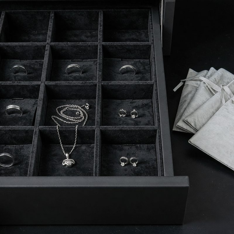 Silver jewelry stored in divided compartments with anti-tarnish pouches in a drawer