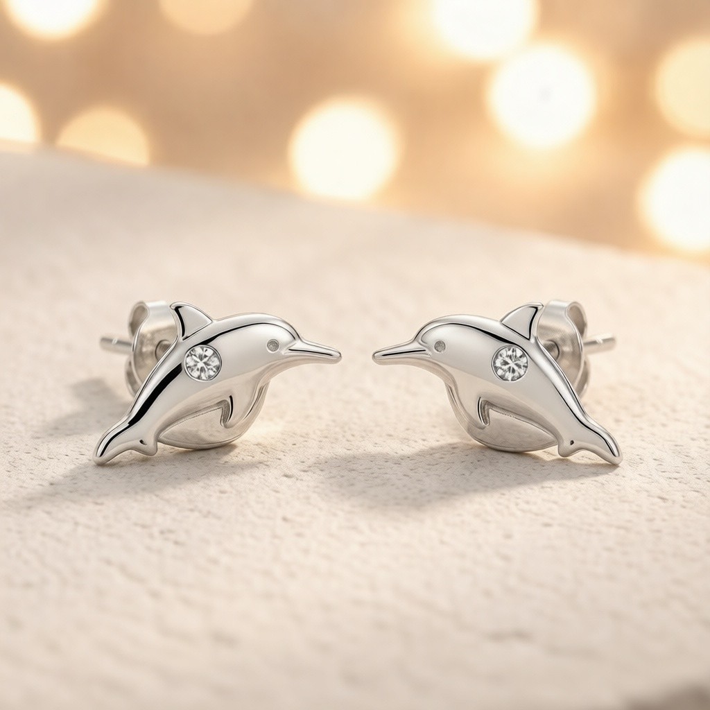 Baiji Dolphin Relief Earrings worn by a model, custom 925 sterling silver earrings