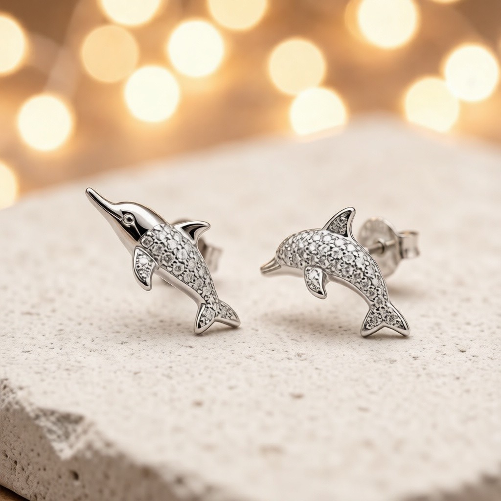 Baiji Dolphin Pavé Earrings shown worn, pavé set silver