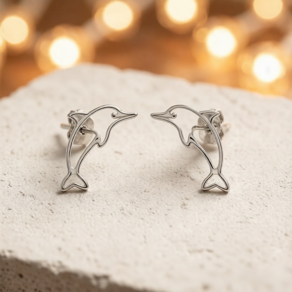 Baiji Dolphin Line Earrings worn by a model, 925 sterling silver