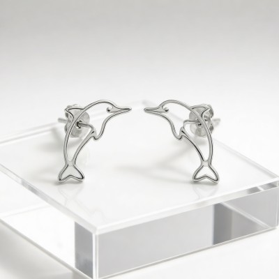 Baiji Dolphin Line Earrings | Hengdian Silver | for Beach Weddings | 925 Silver | CZ / Moissanite