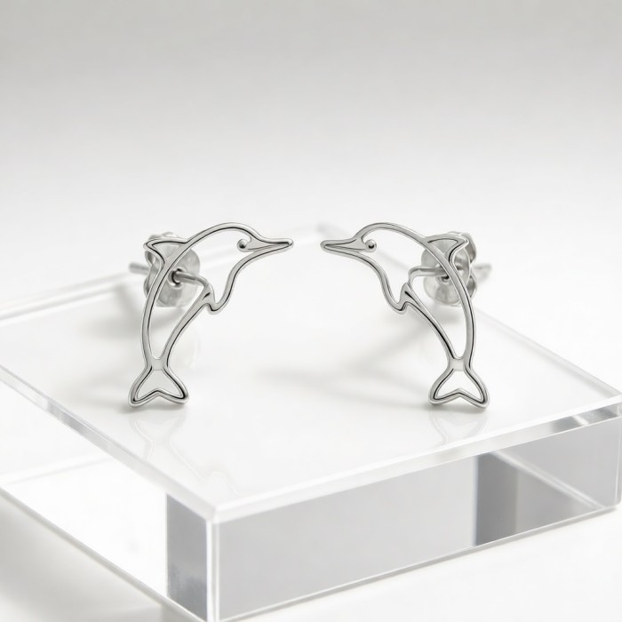 Baiji Dolphin Line Earrings | Hengdian Silver | for Beach Weddings | 925 Silver | CZ / Moissanite