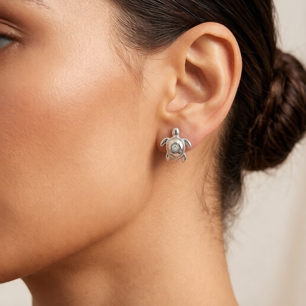 Hawksbill Turtle Layered Relief earrings on-model styling
