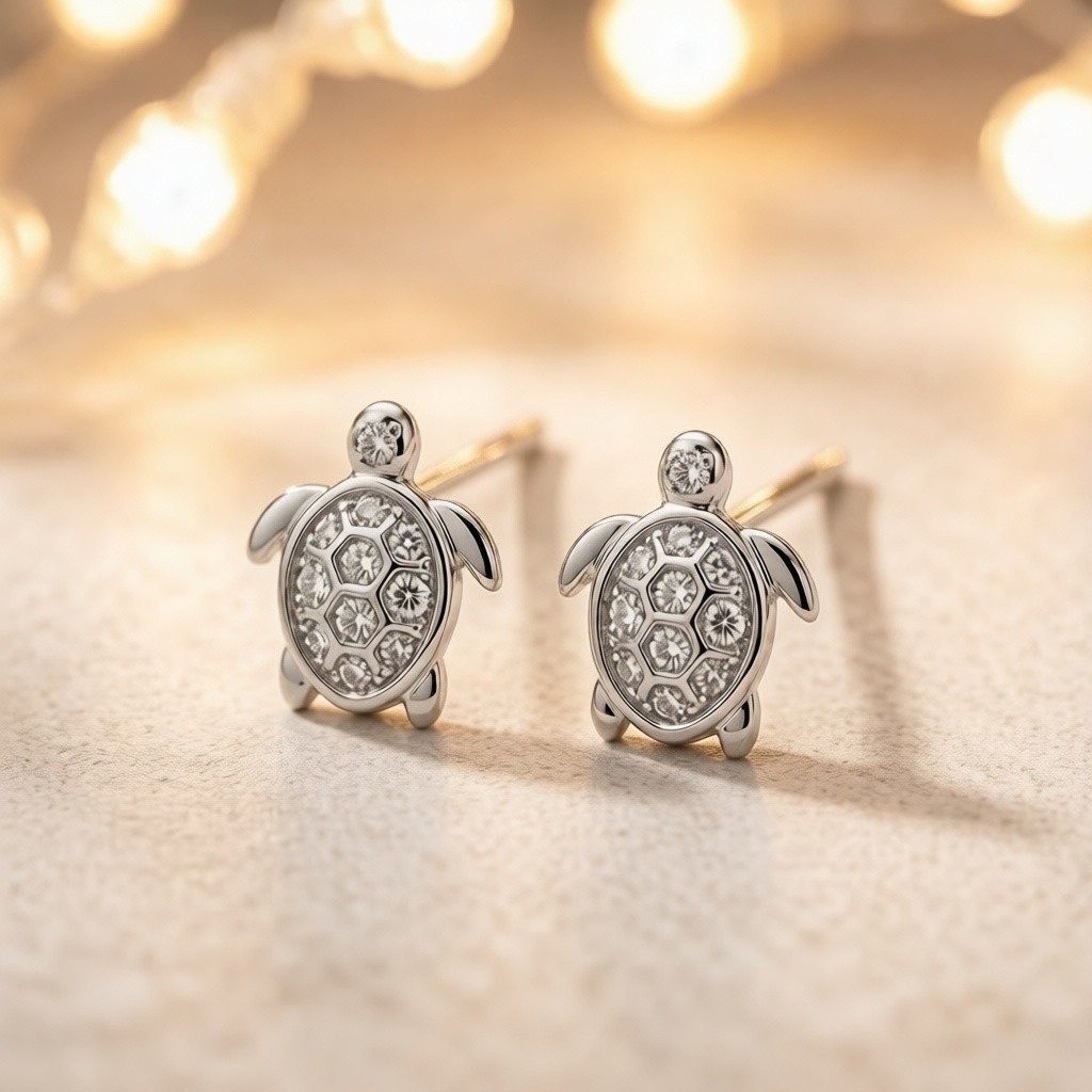 Hawksbill Turtle Pavé Earrings worn by a model, 925 sterling silver